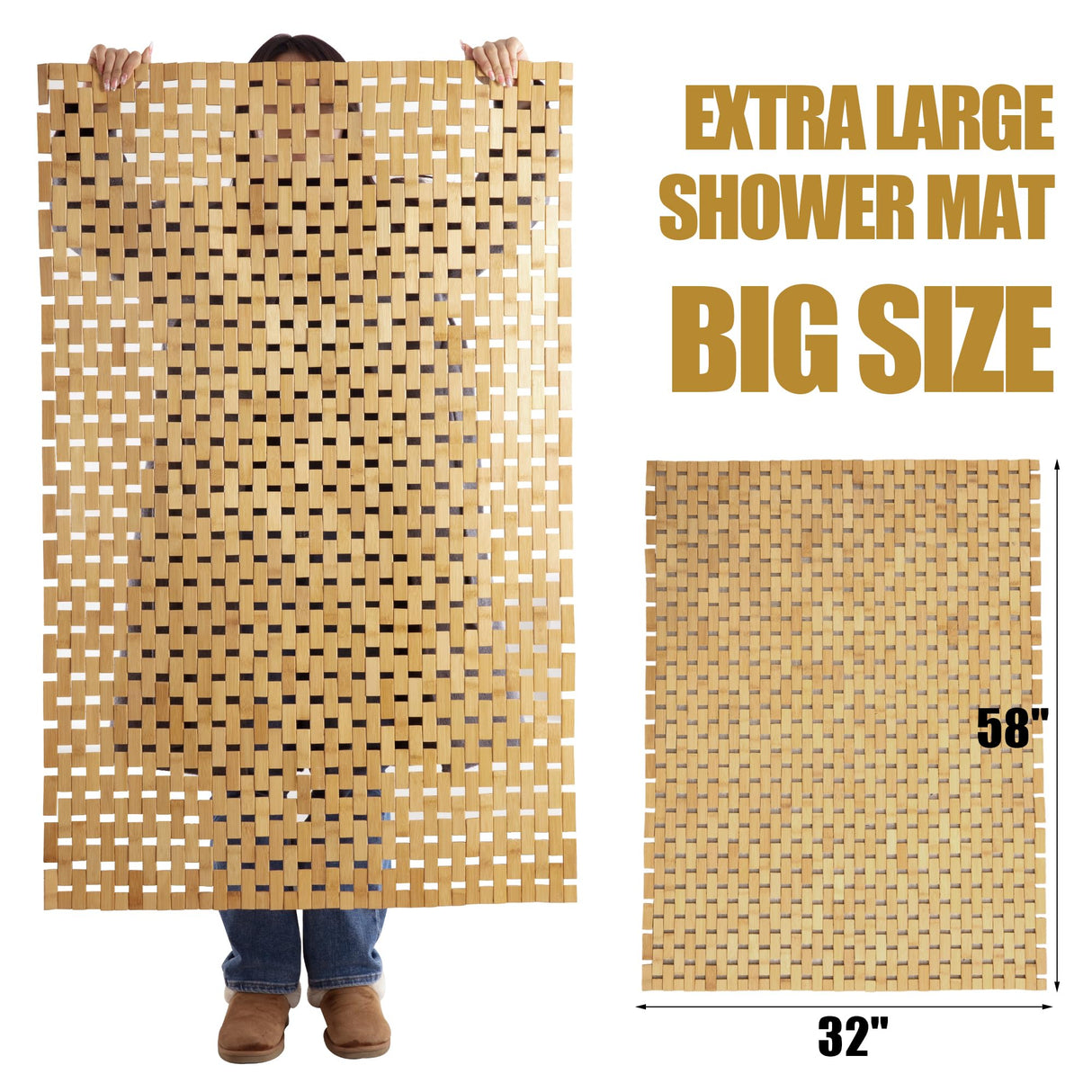 HOMBYS 58x32 Extra Large 100% Bamboo Shower Mat for Shower Stall Tub, Non Slip Bath Mat Bathroom Accessories, Large Mats for Shower and Bathroom, Quick Drying HOMBYS
