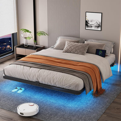 FviMzailon King Size Floating Bed Frame - Metal Platform Bed with Smart LED Lights & Charging Station, No Box Spring Needed, Easy Assembly, Noise Free