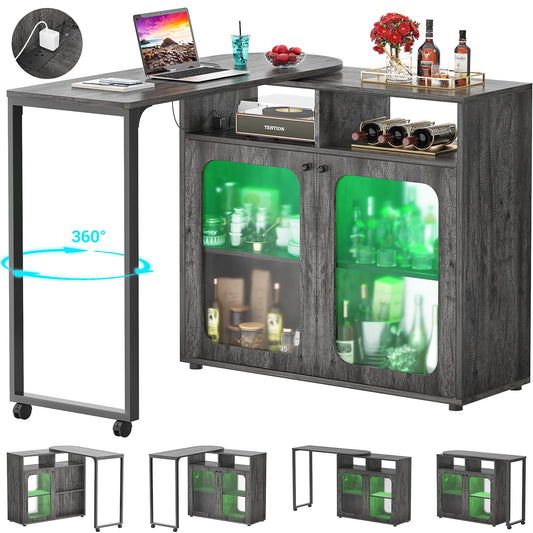 Cyclysio 59" 360° Rotating Grey Bar Cabinet with LED Lighting & Charging Station - WoodArtSupply