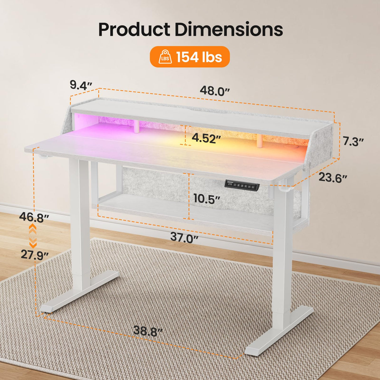 ErGear Standing Desk, 48x24 Inch Electric Standing Desk with Shelves, Height Adjustable Desk with Monitor Stand and Storage, Gaming Sit Stand Up Desk with LED Light for Home Office, White ErGear