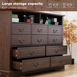 EnHomee Farmhouse Dresser for Bedroom 55.2''Wide Wood Dresser with LED & Power Outlet Vintage 10 Drawers Dressers & Chests of Drawers Long Dresser TV Stand, Closet, Entryway, Rustic Brown EnHomee