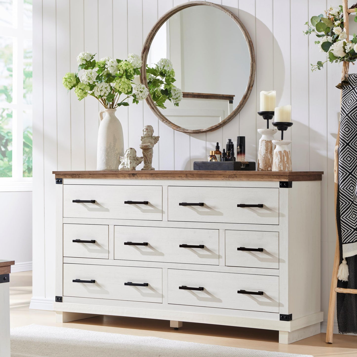 Farmhouse 7 Drawer Dresser for Bedroom - Wood Large Dressers & Chests of Drawers for Closet, 54 Inch Wide Dresser TV Stand with Storage for Bedroom, Living Room, Antique White - WoodArtSupply