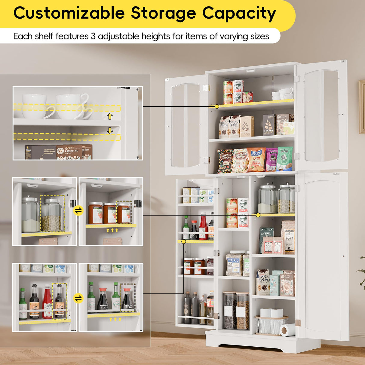 TOLEAD 64" Pantry Cabinet, Tall Storage Cabinet With Glass Doors & Adjustable Shelves for Kitchen, Living Room, Dining Room, White TOLEAD