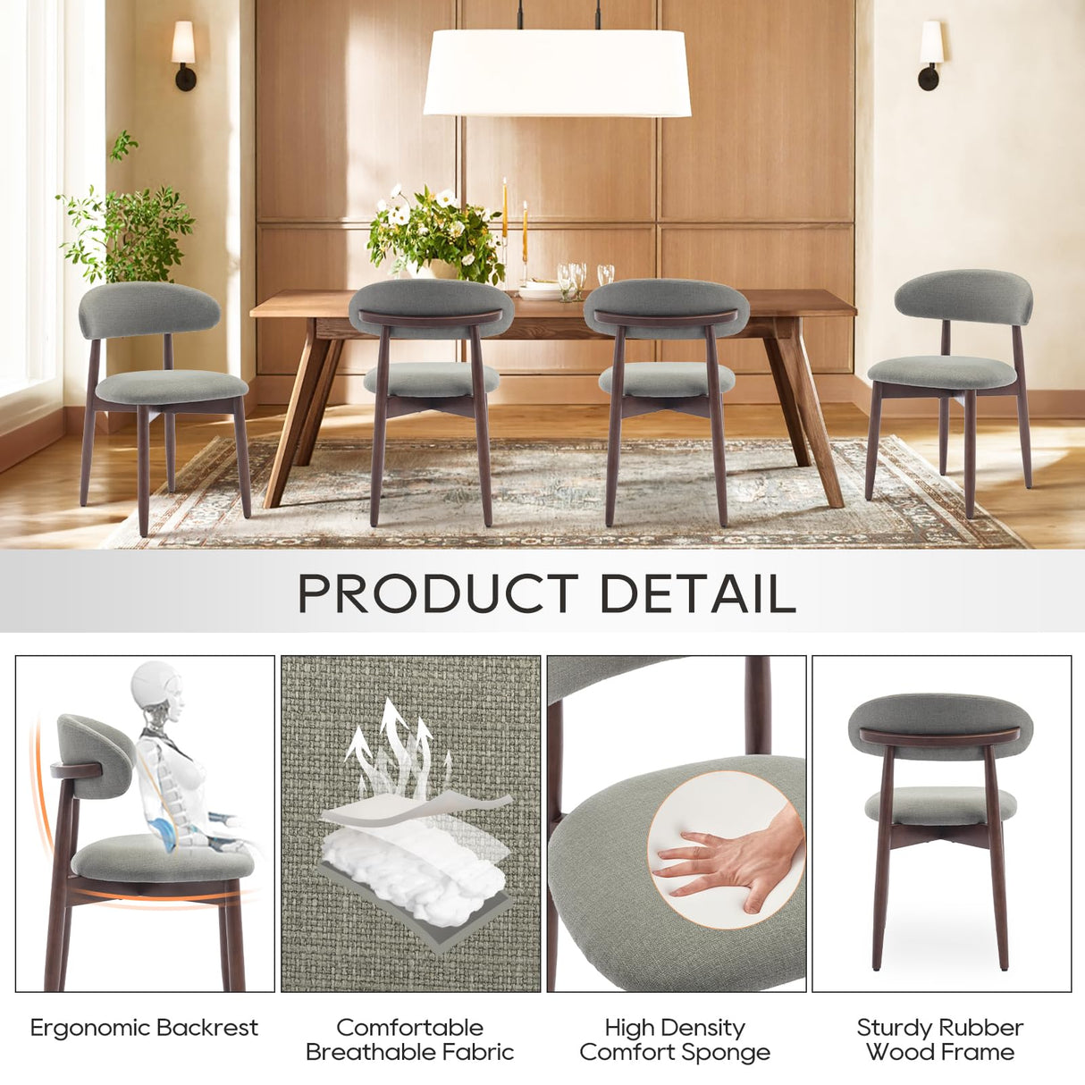 COLAMY Wooden Dining Chairs Set of 2, Modern Fabric Upholstered Kitchen Side Chairs, Farmhouse Dining Room Chair with Foot Pegs, Beige COLAMY