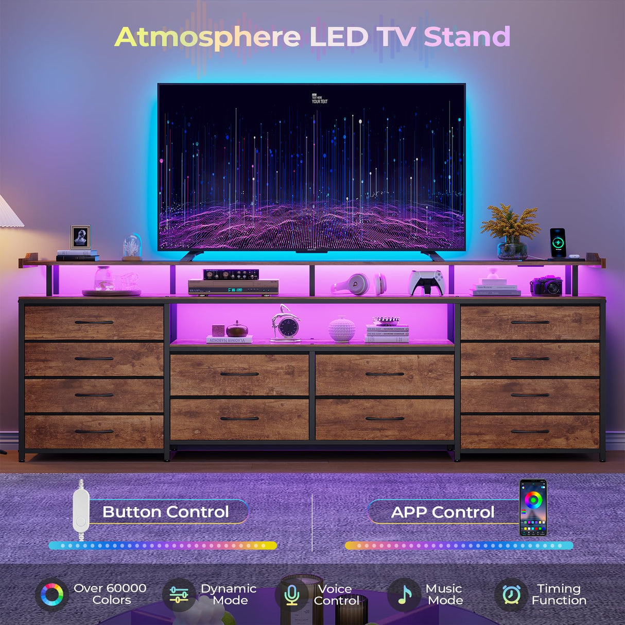 HAUOMS TV Stand Dresser for 65 Inch TV, 63" W Dresser with LED Lights & Power Outlets, Rustic Brown Long Dresser with 12 Fabric Drawers, Entertainment Center with Shelves,for Bedroom HAUOMS