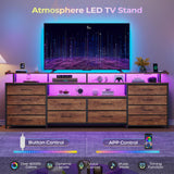 HAUOMS TV Stand Dresser for 65 Inch TV, 63" W Dresser with LED Lights & Power Outlets, Rustic Brown Long Dresser with 12 Fabric Drawers, Entertainment Center with Shelves,for Bedroom HAUOMS