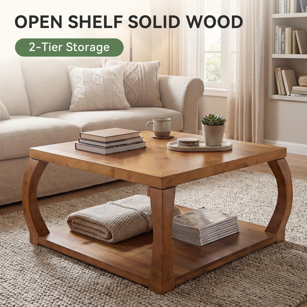 TRIBEWOOD 31.49“ Square Solid Wood Coffee Table, Farmhouse Center Table with Storage, Accent Cocktail Table for Living Room, Brown TRIBEWOOD