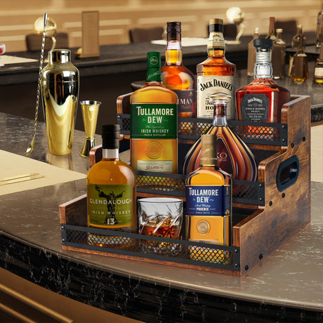 Liquor Bottle Display Shelf, Coffee Syrup Rack Organizer, 3 Step Countertop Liquor Wine Rack, 12 Bottles Coffee Station Organizer with Fences & Handles, Home Retro Bar Shelf Stand for Liquor Whiskey Alyoen