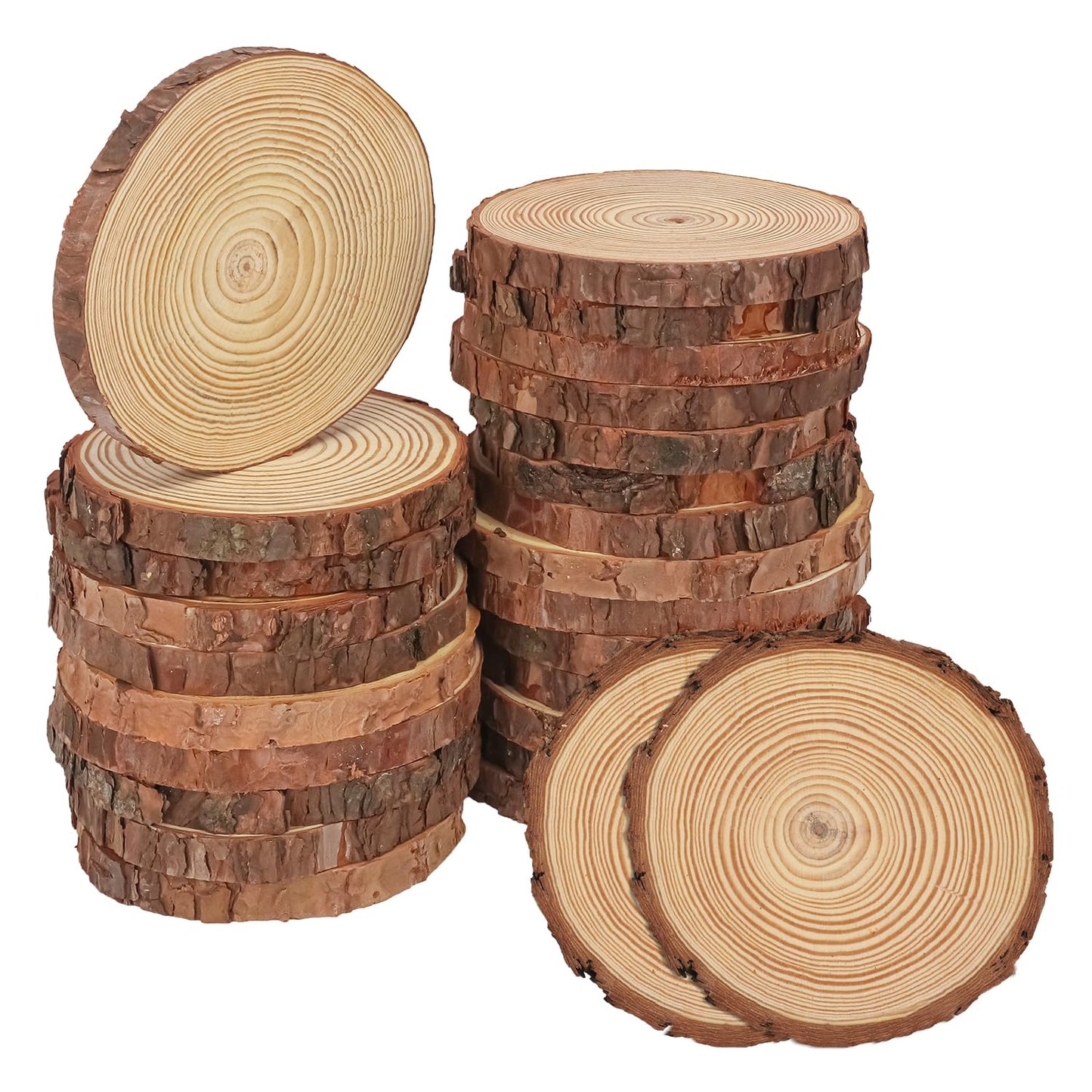 kukmakri 26 PCS Unfinished Wood Slices for Centerpieces, 5.5-6.3 Inch Natural Wood Slices with Tree Bark Pine and Wood Rounds Discs for DIY Crafts, Centerpieces, Art & Decor