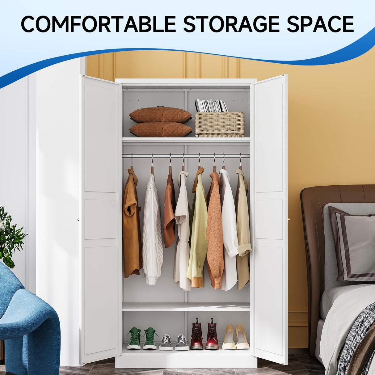 Metal Wardrobe Closet with Doors, 72" Tall Almirah for Clothes with Hanging Rod and Adjustable Shelve, Armoire for Home, School, Employee, Gym (White, Without Drawers) heycode