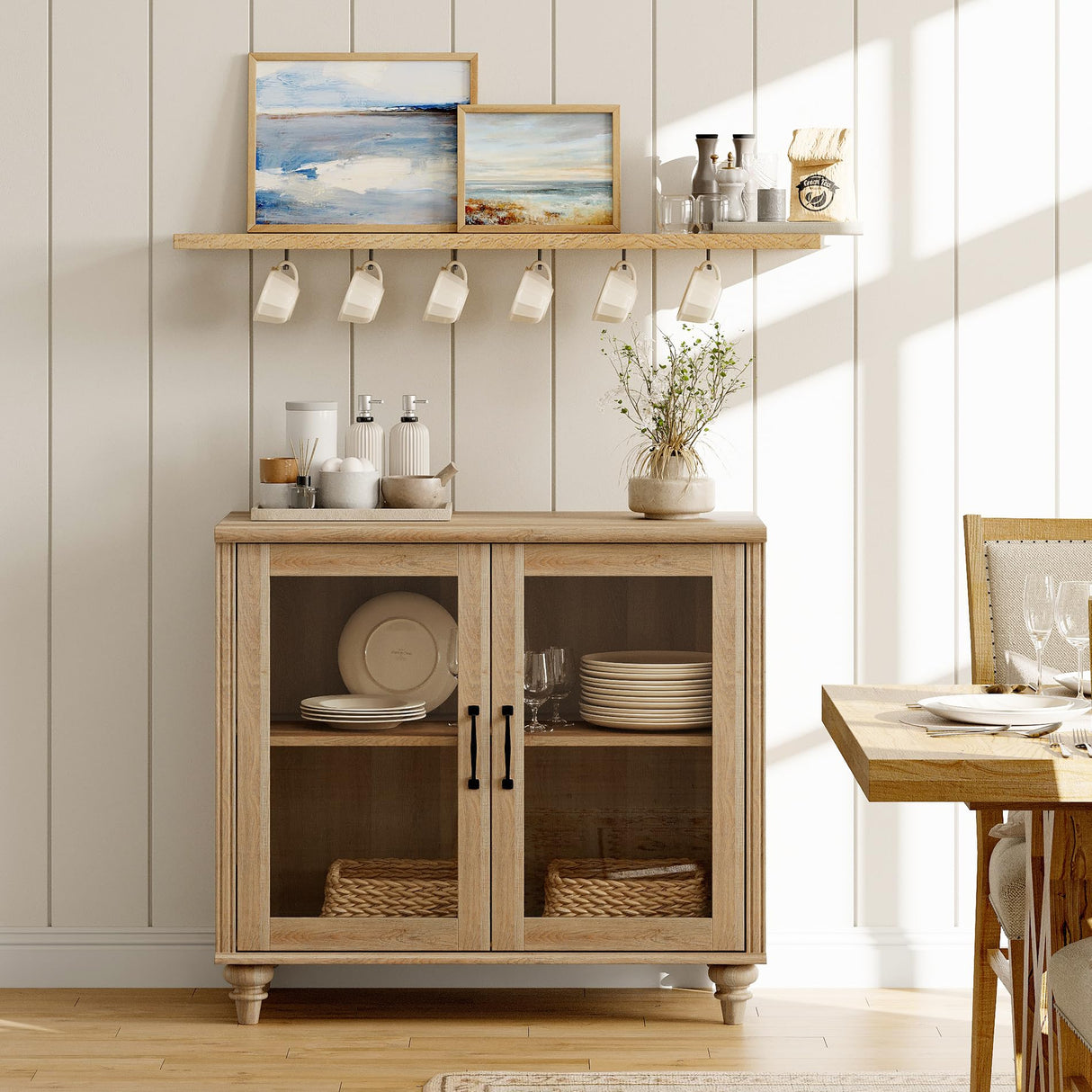 WAMAPT Sideboard Buffet Cabinets with Glass Door, Kitchen Storage Cabinets, Wood Coffee Bar Tables with Adjustable Shelf, Accent Sideboard Storage Cabinet Table Dining Room, Living Room,Oak 34 inch WAMPAT