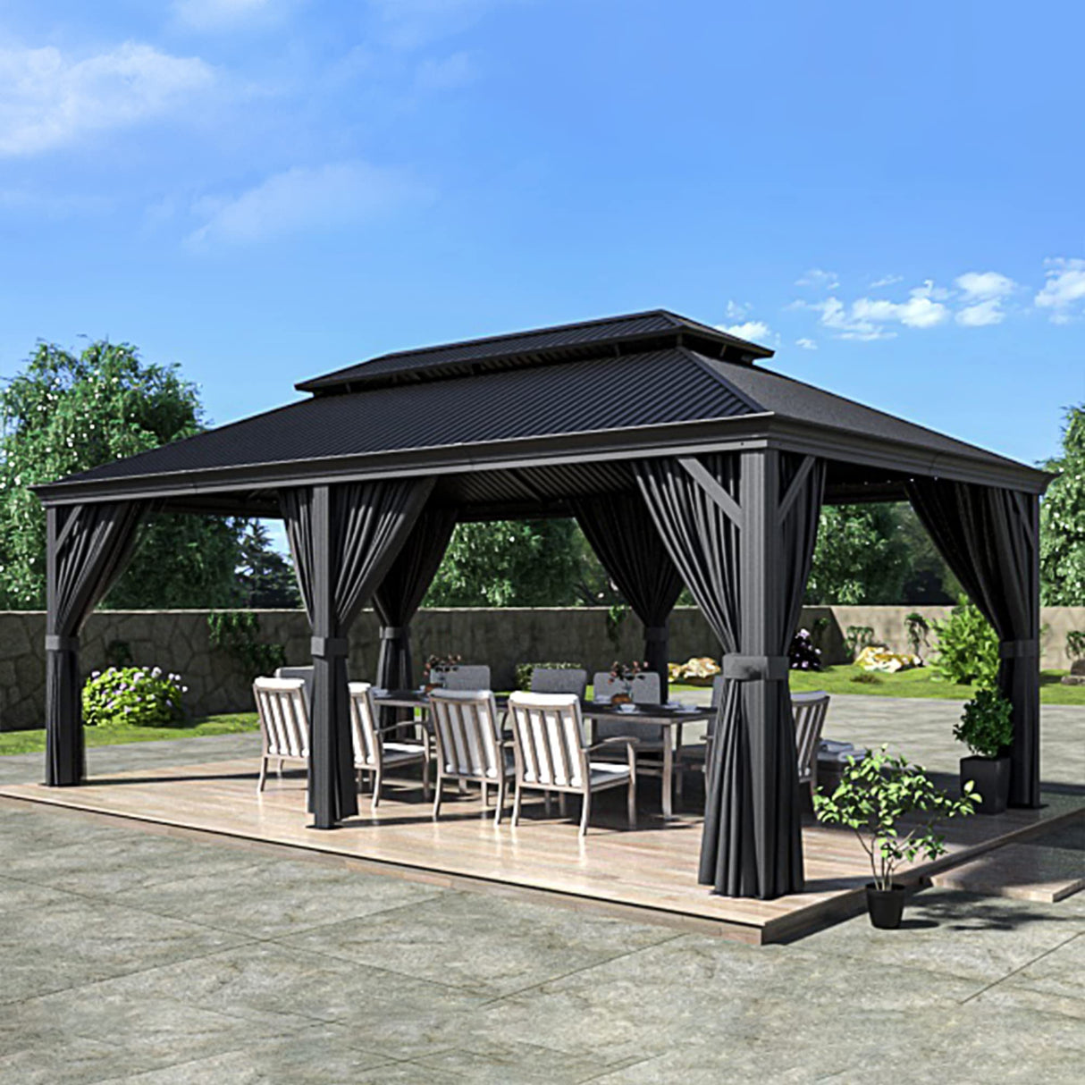 HAPPATIO 12' x 20' Hardtop Gazebo - Galvanized Steel Patio Double Roof Aluminum Gazebo with Curtains and Netting, Metal Permanent Pavilion Outdoor Gazebos for Patios, Gardens, and Lawns (Gray) HAPPATIO