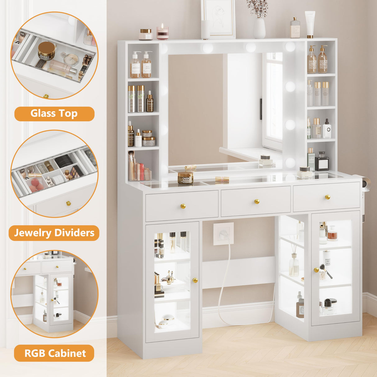 HUANLEGO White Vanity Desk with Mirror and Lights, Glass Top Vanity with Lighted Mirror & RGB Glass Cabinet and 3 Drawers, Makeup Vanity Desk with Lights Dressing Table for Bedroom, 3 Color Modes HUANLEGO