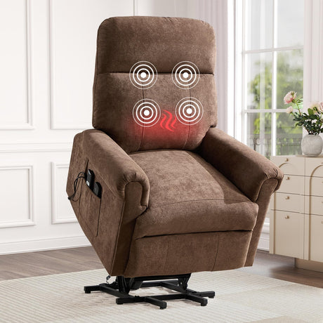HAOMARKETS Power Lift Recliner Chair with Massage and Heat for Elderly, Electric Recliners with Remote Control,Soft Fabric Upholstered Reclining SingeSofa with Side Pocket for Living Room, Brown HAOMARKETS