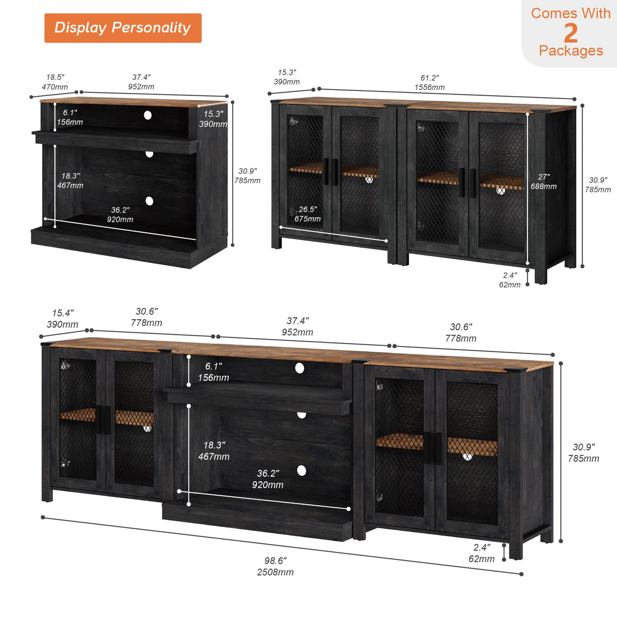 WAMPAT 2 in 1 TV Stand Set for 100 inch TV, Farmhouse Entertainment Center with 4 Mesh Door and Open Storage Shelves, Wood Media TV Console Table for Dining and Bedroom，Dark Walnut and Black WAMPAT