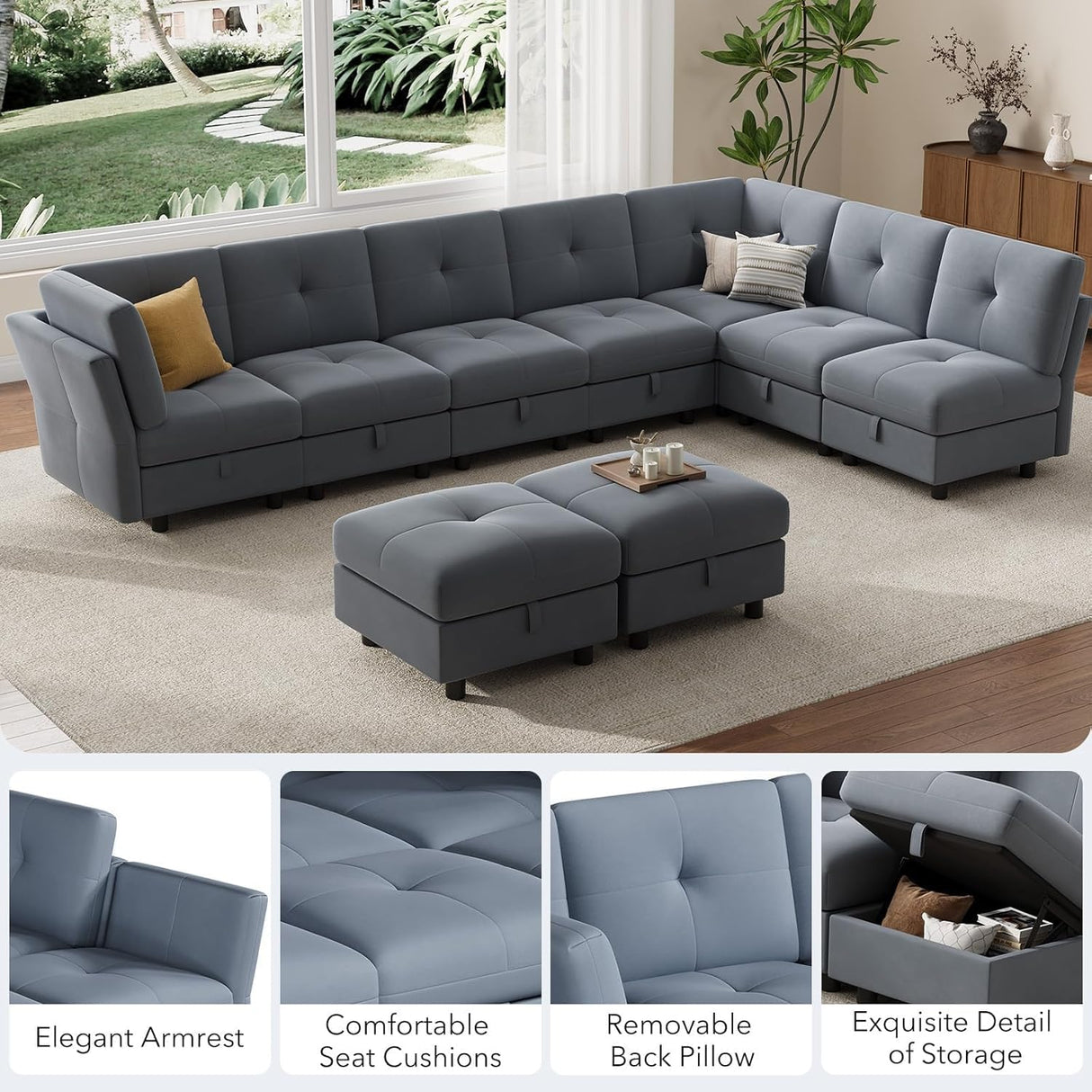 143" Modular Sectional Sofa with Storage - U Shaped Convertible Couch for Living Room, Deep Seat Cloud Couch with Ottoman, Modern L-Shaped Sofa Bed Alternative, Black SLEKVERSA