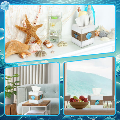 Threehoney Wood Tissue Box Cover Square Beach Farmhouse Bathroom Accessories Conch Starfish White Tissue Box Holder with Slide out Bottom Panel Rustic Beach Room Decor Decorative Coastal Napkin Holder