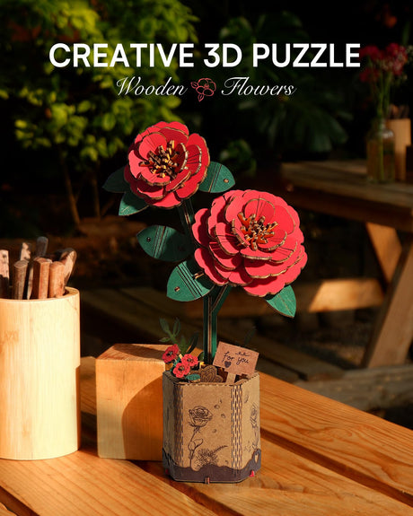 Wowood 3D Flower Wooden Puzzles for Adults-Red Camellia, DIY Wooden Flowers Model Kit Building Set Crafts for Adults to Build, Botanical Collection/Ideal Creative Gift Ideas/Housewarming (113PCS) Wowood