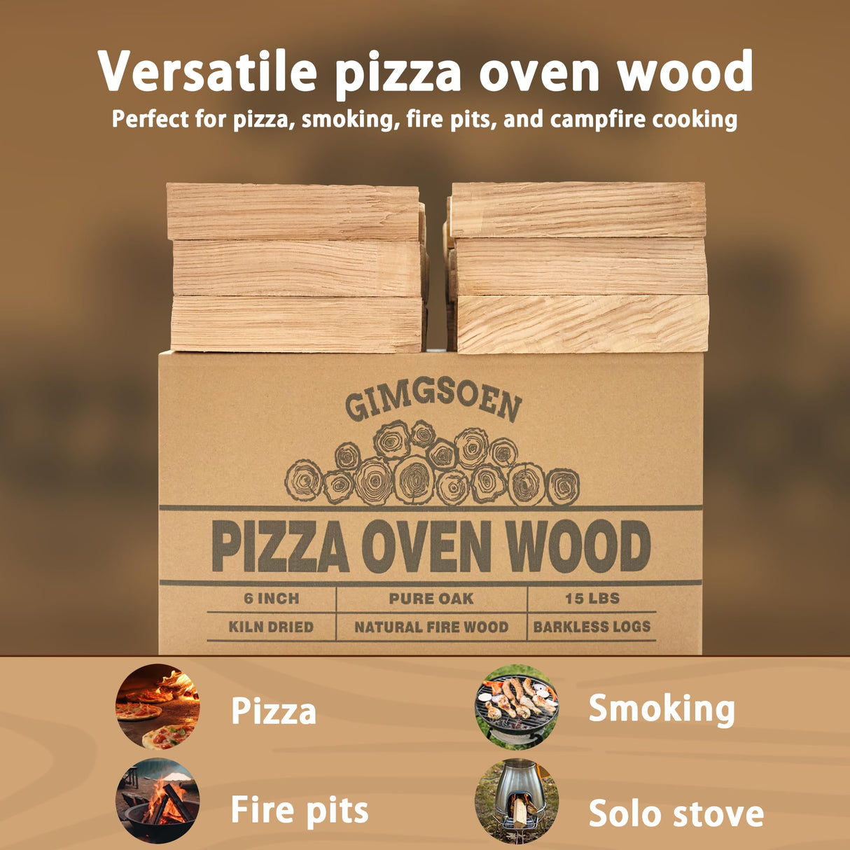 Pizza Oven & Cooking Wood – Mini Kiln-Dried Oak, 6-Inch Logs, 15lb Box – Bark-Free Firewood for Ooni, Gozney, Solo Stove & More – High Heat, Long-Lasting Burn for Grilling, BBQ & Smoking Gimgsoen