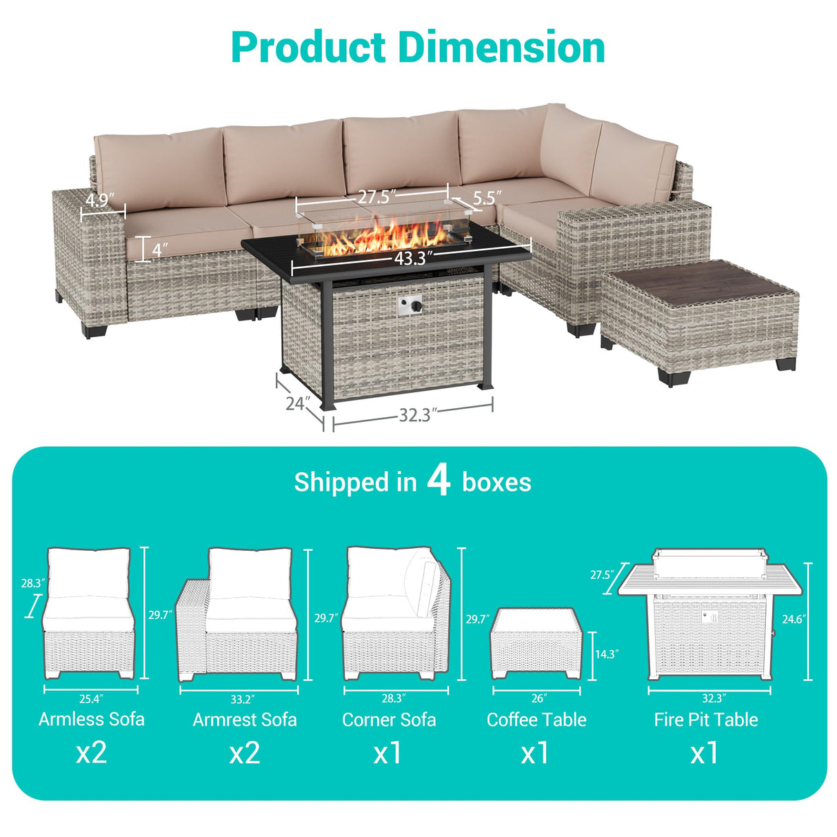 Muphyers 7-Piece Outdoor Patio Furniture Set with 55,000 BTU Fire Pit Table, PE Wicker Rattan Sectional Sofa Patio Conversation Set with Thickened Cushions & Coffee Table, Sand Muphyers