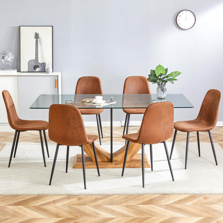 JEARGE 71" Glass Dining Table Set for 6, 7 Piece Dining Table Set,Tempered Glass Table Top with U-Shaped Legs and Fabric Dining Chairs,Ideal for Kitchens, Living Rooms JEARGE