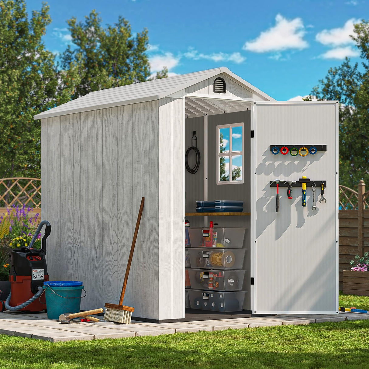 Patiowell 4' x 6' Outdoor Storage Shed with Floor, Plastic Shed Outside Resin Tool Shed with Window and Lockable Door for Backyard Garden Patio Lawn, White (Fit-it Shed) Patiowell