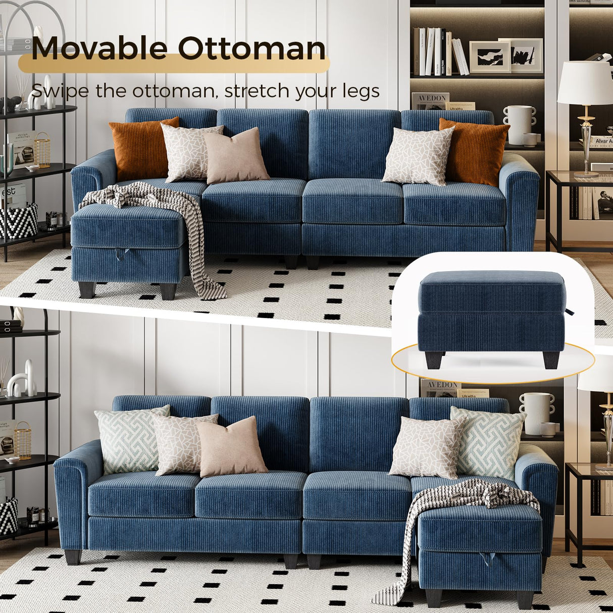 KKL Sectional Sofa Couch for Living Room, 106 Inches L Shaped Couch with Storage, 5 Seater Corduroy Home Sofas, Modern Couches with Chaise for Apartment, Sofas para Sala, Blue KKL