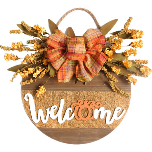 Welcome Sign for Front Door Decor Fall Wreaths Fall Decorations for The Home Farmhouse Wreath Front Door Wooden Fall Wreath Decorated with Grains, Yellow Flowers, Green Leaves and Bows - WoodArtSupply