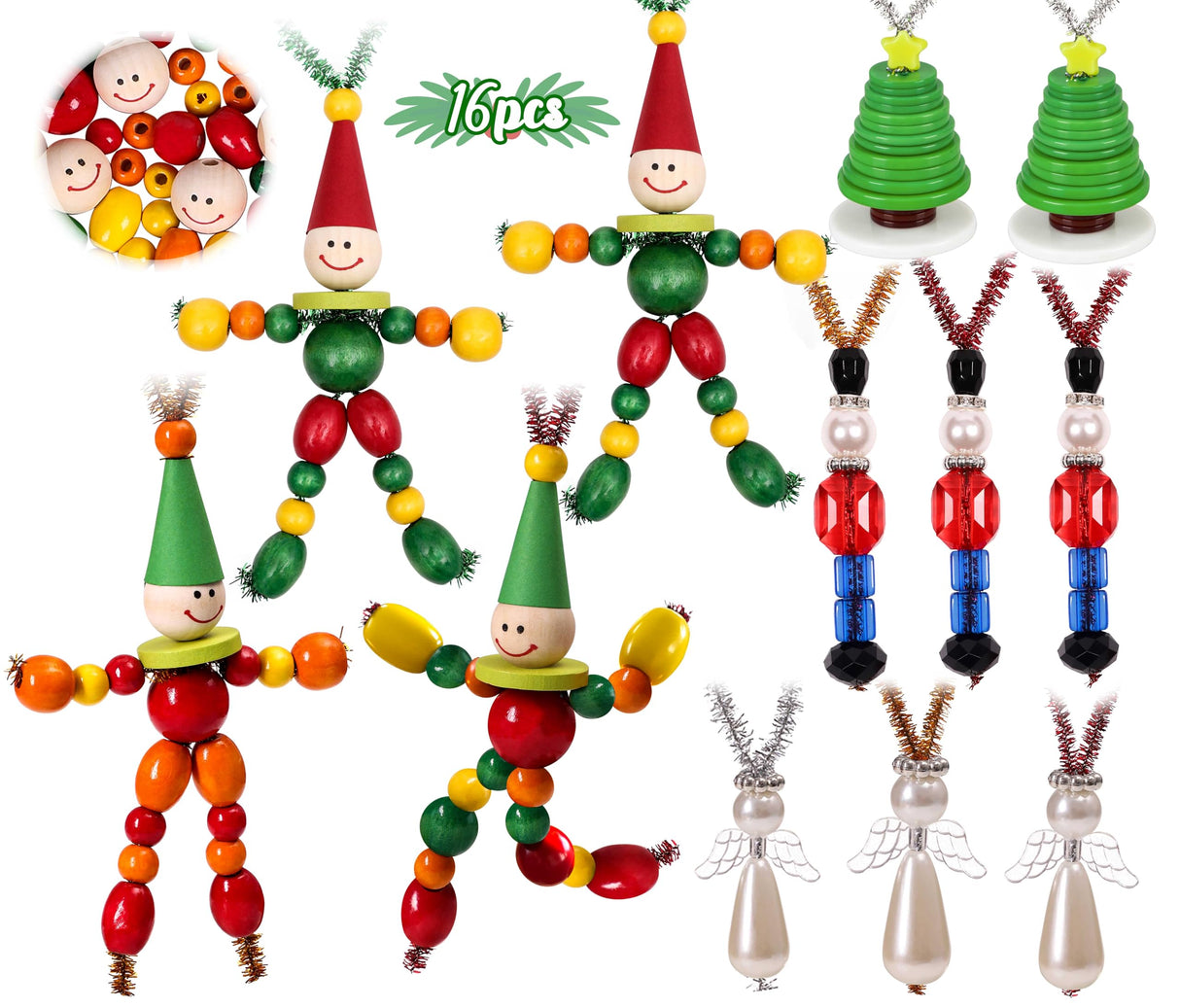 Tieshankao 16PCS Christmas Crafts for Kids - DIY Beads Ornaments Kits Include Nutcracker, Angel, Elf, Tree - Xmas Holiday Toys Gifts Stocking Stuffers Decor Party Decorations Supplies(Need Assembly) Tieshankao