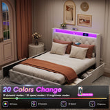 Vabches Full Size Bed Frame with Headboard & 4 Drawers, Upholstered Velvet Bed Frame with Charging Station and LED Light, Platform Wingback Storage Metal Bed, Beige Vabches