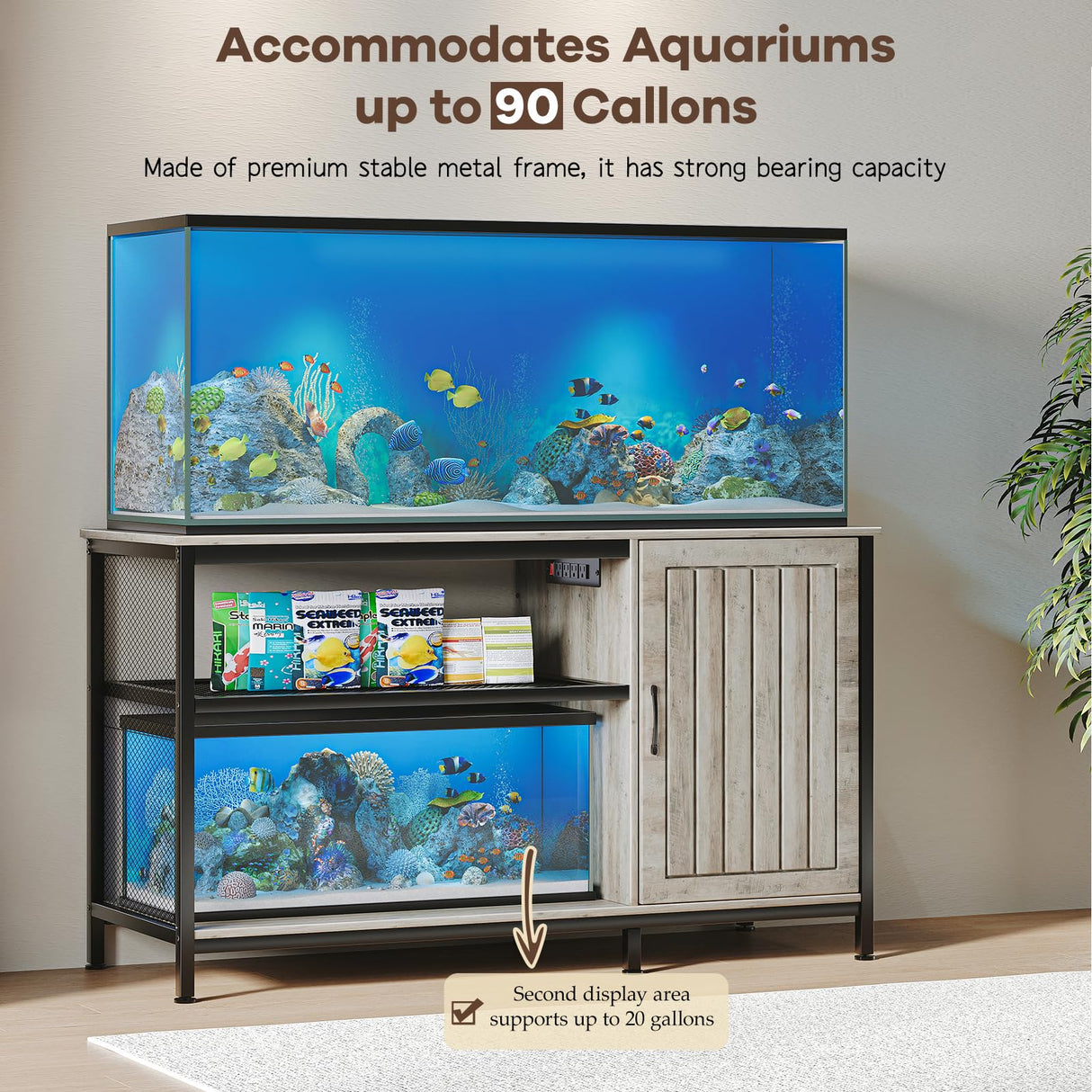 Tatub 55-90 Gallon Aquarium Stand with Power Outlets, Large Fish Tank Stand with Cabinet for Accessories Storage, Heavy Duty Metal Fish Tank Table Suitable for Turtle, Reptile, 1000LBS Capacity Tatub