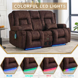URRED Power Loveseat Recliner Sofa, Velvet Fabric Home Theater Seating with LED Ambient Light, Double Recliner RV Sofa with Flipped Middle Backrest/Bluetooth Speakers/USB/Built-in Outlets, Brown URRED