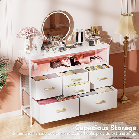 YILQQPER Dresser for Bedroom TV Stand with Power Outlets and LED Light, 6 Drawers Dresser with Side Pockets & Hooks, Wide Dresser with Shelves for 45" TV, Fabric Chest of Drawers with PU Finish, White YILQQPER