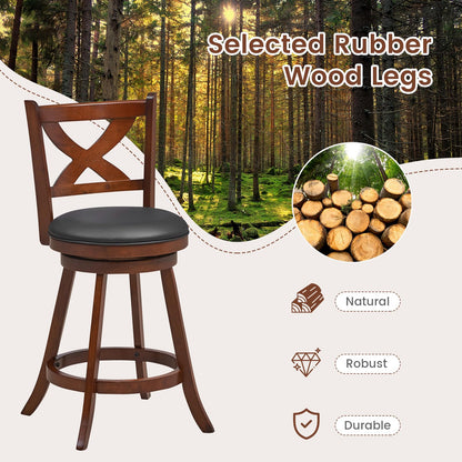 Giantex 24” Bar Stools Set of 4, 360° Swivel Counter Height Stools with Back, Solid Rubber Wood Frame, Leather Padded Seat, Vintage Upholstered Armless Farmhouse Barstools for Kitchen Island  - WoodArtSupply