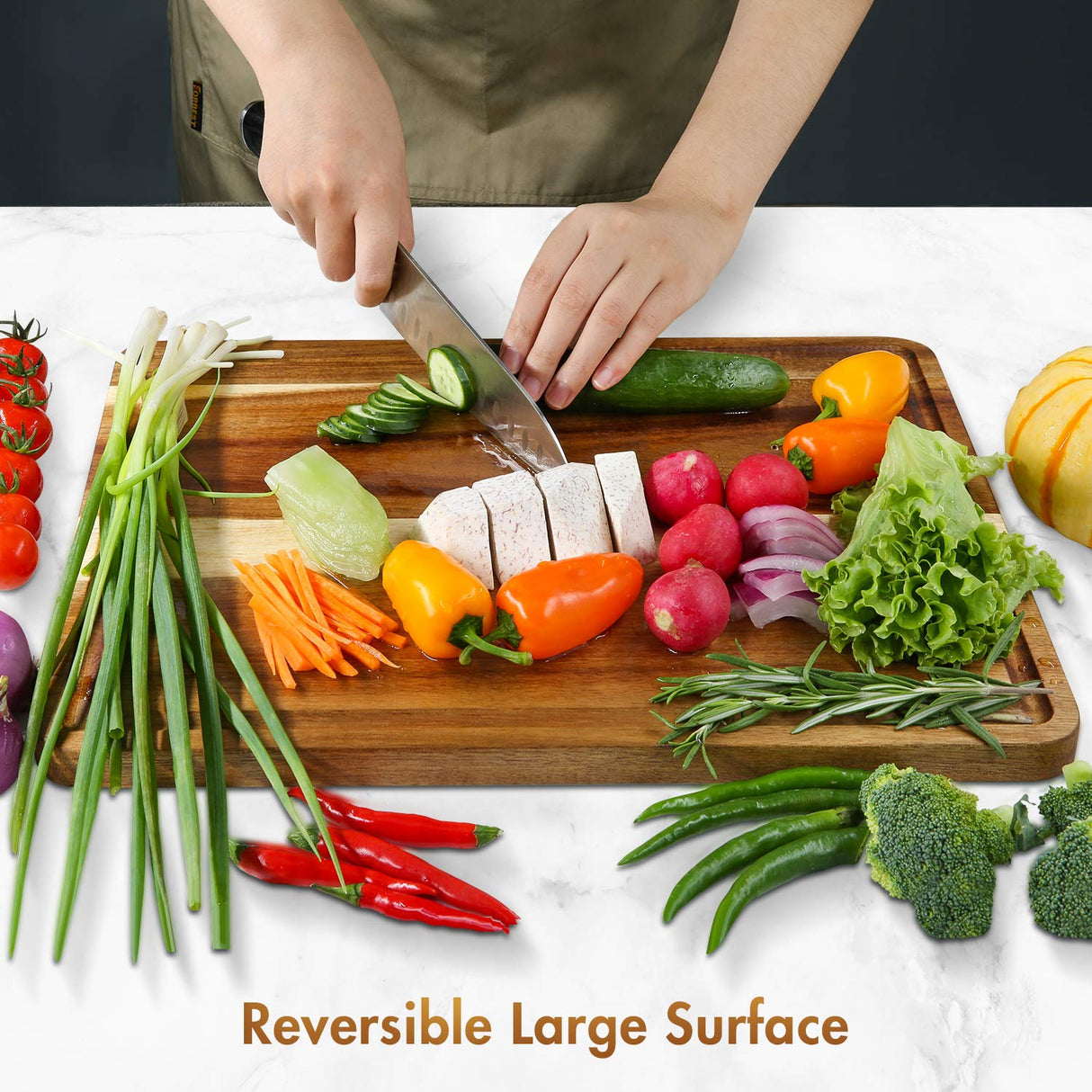 AZRHOM Large Wood Cutting Boards Set of 4 for Kitchen Cheese Charcuterie Board (Gift Box Included) Acacia Butcher Block with Non-slip Mats, Juice Groove and Handles (16x12, 14x10, double 11x8 inch) AZRHOM