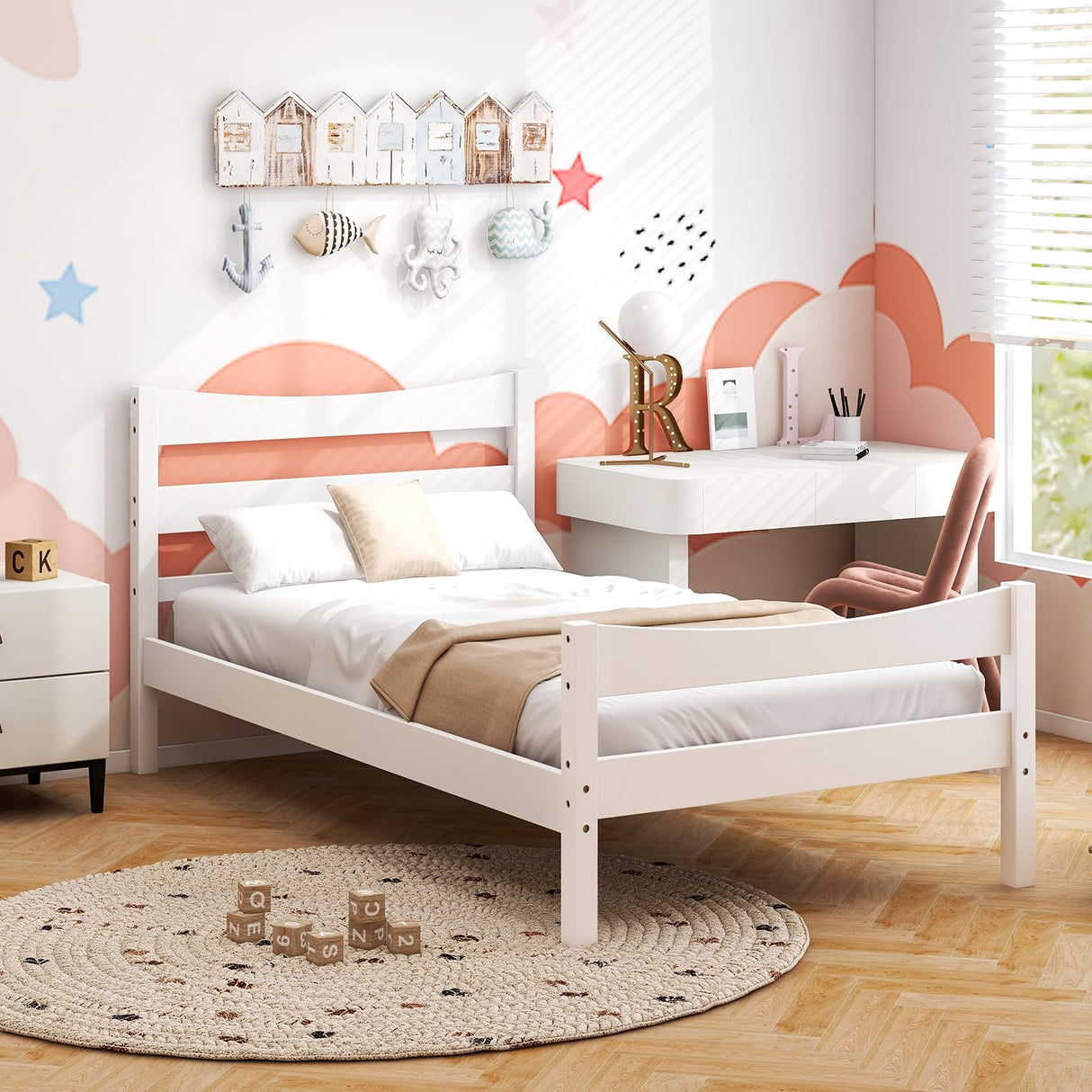 Giantex Modern White Twin Bed Frame with Headboard, Footboard, and Solid Wood Slat Support Giantex