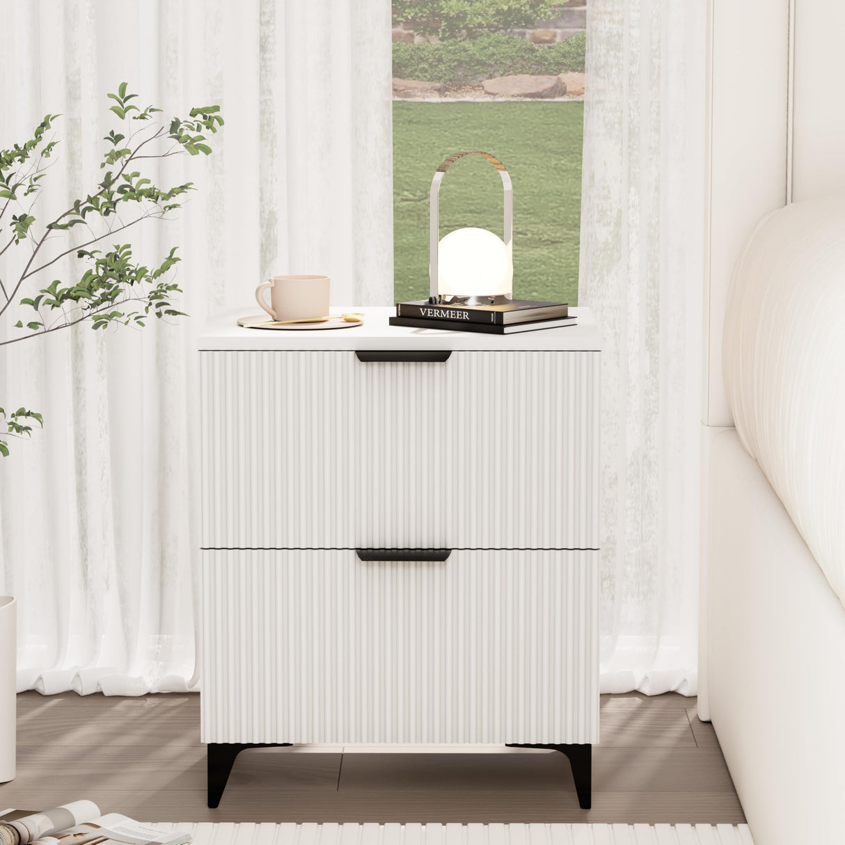 Royal Windsor Fluted Nightstand Set of 2 with 2 Drawers, Side End Table, Small Accent Storage Cabinet,Modern Night Stand Bedside Table for Bedroom,White Royal Windsor