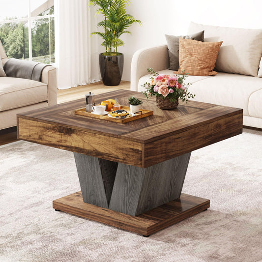 Tribesigns Square Coffee Table, Wood Coffee Table for Living Room, 31.5" Modern Center Table Cocktail Tea Table Accent Table, Rustic Brown & Black - WoodArtSupply