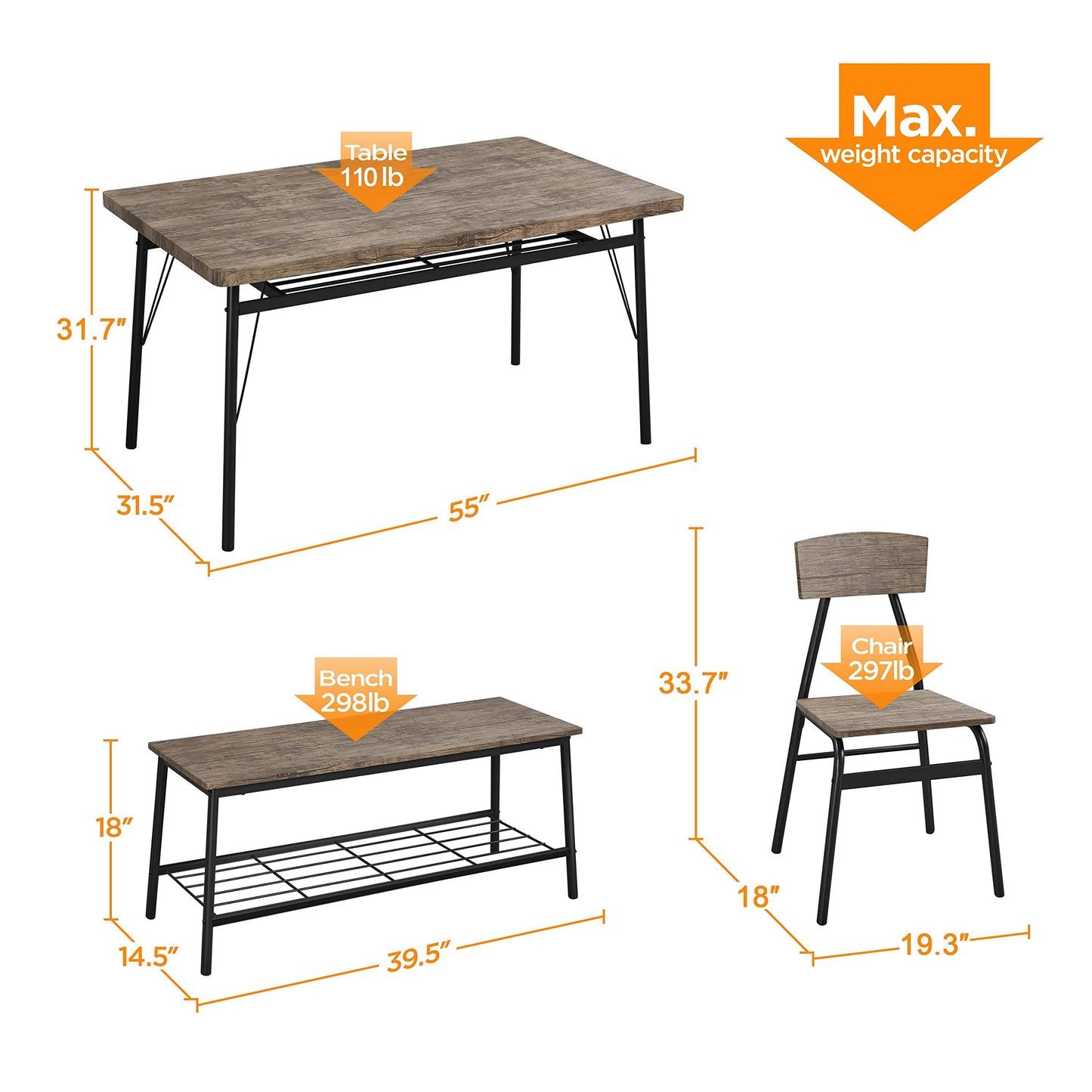 Yaheetech Dining Table Set for 6 Kitchen Table Set with Chairs and Bench 6 Piece Dining Set with 2 Storage Racks, Protective Foot Pads for Dining Room, Kitchen and Apartment, Drift Brown - WoodArtSupply