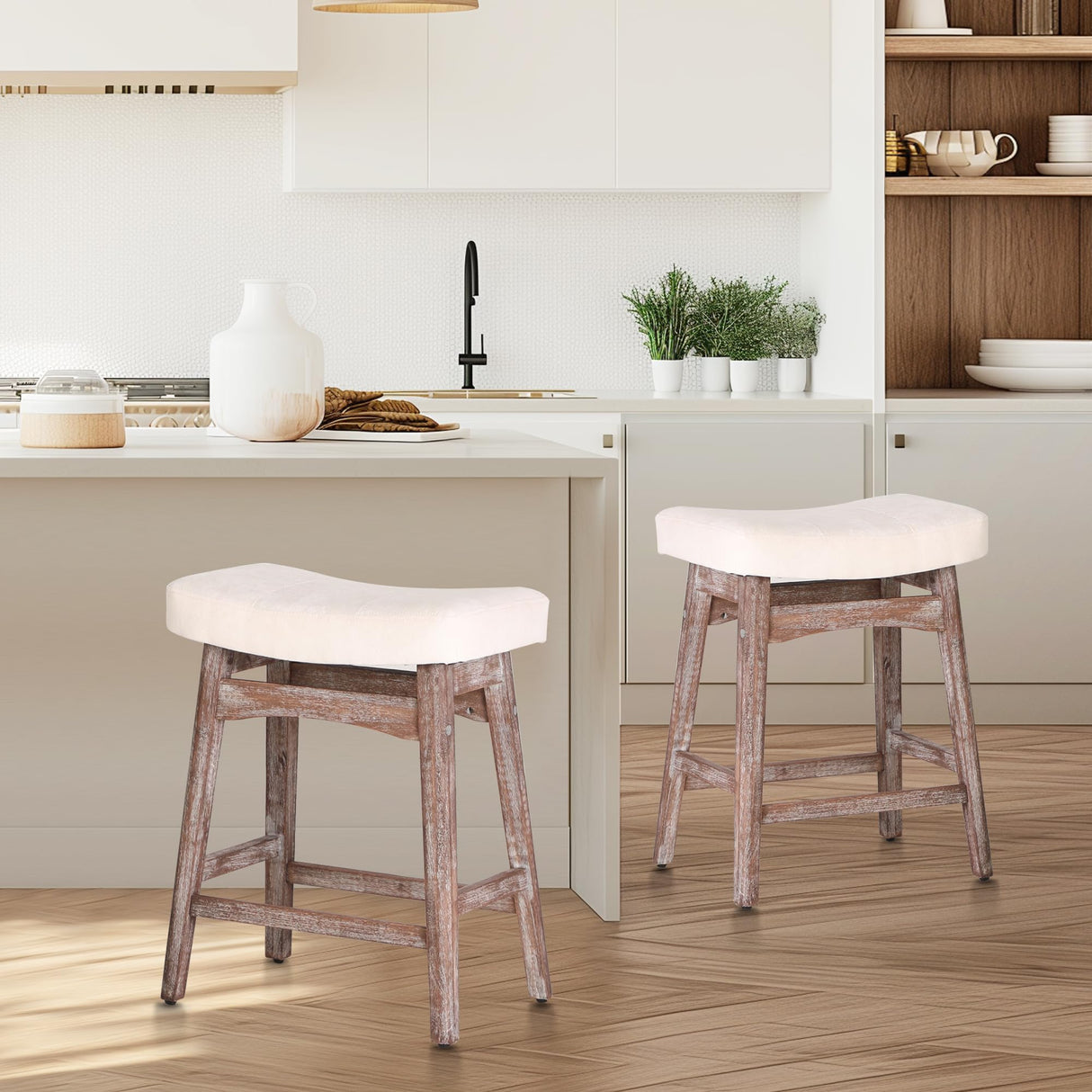 PHI VILLA Farmhouse Bar Stools Set of 2 - Wood Bartools with Upholstered Saddle Seat, 24 inch stools for Kitchen Counter Set of 2 PHI VILLA