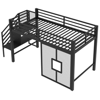 Ziraukon Twin Size Loft Bed, Metal Low Loft Bed Frame with Storage Staircase and Iron mesh, Loft Bed Twin Size with Storage Steps and Safety Guardrails, No Box Spring Needed, Black