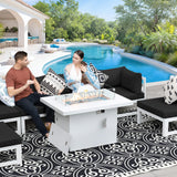 RADIATA 7 Piece L-Shaped Oversized Modern Aluminum Patio Furniture Set, All Weather Modular Sectional Sofa with Fire Pit Table, 500 lbs Heavy Duty Comfortable Outdoor Couch for Backyard Deck, Black RADIATA