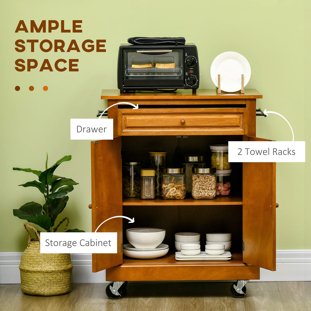 HOMCOM Modern Kitchen Island on Wheels, Rolling Kitchen Cart with Drawer, Storage Cabinet, and 2 Towel Racks for Dining Room, Brown HOMCOM