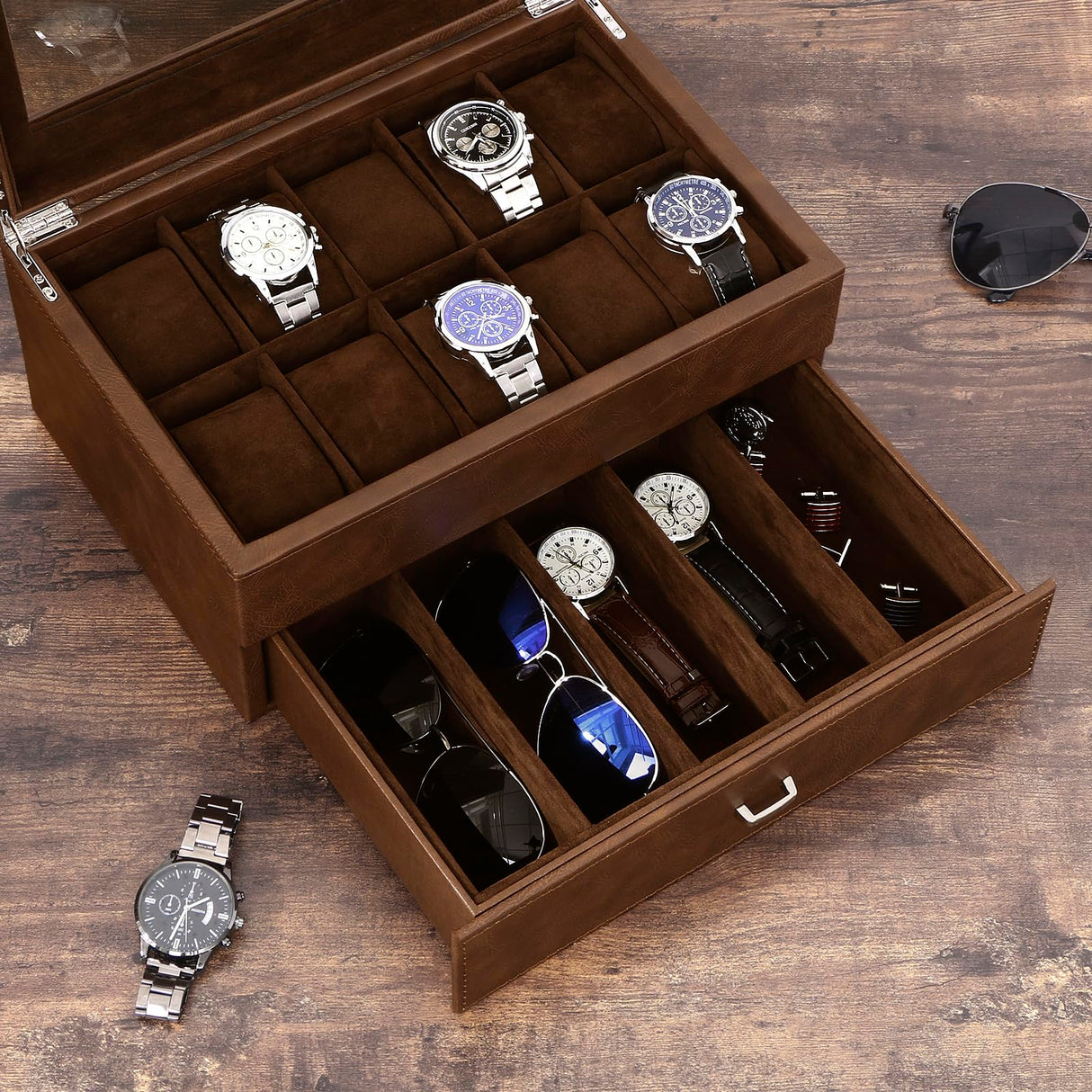 BEWISHOME Watch Box for Men Luxury Watch Case -10 Slots Watch Organizer with Drawer for Sunglass and Watch Storage, Large Glass Top, Faux Leather,Brown SSH34Z BEWISHOME