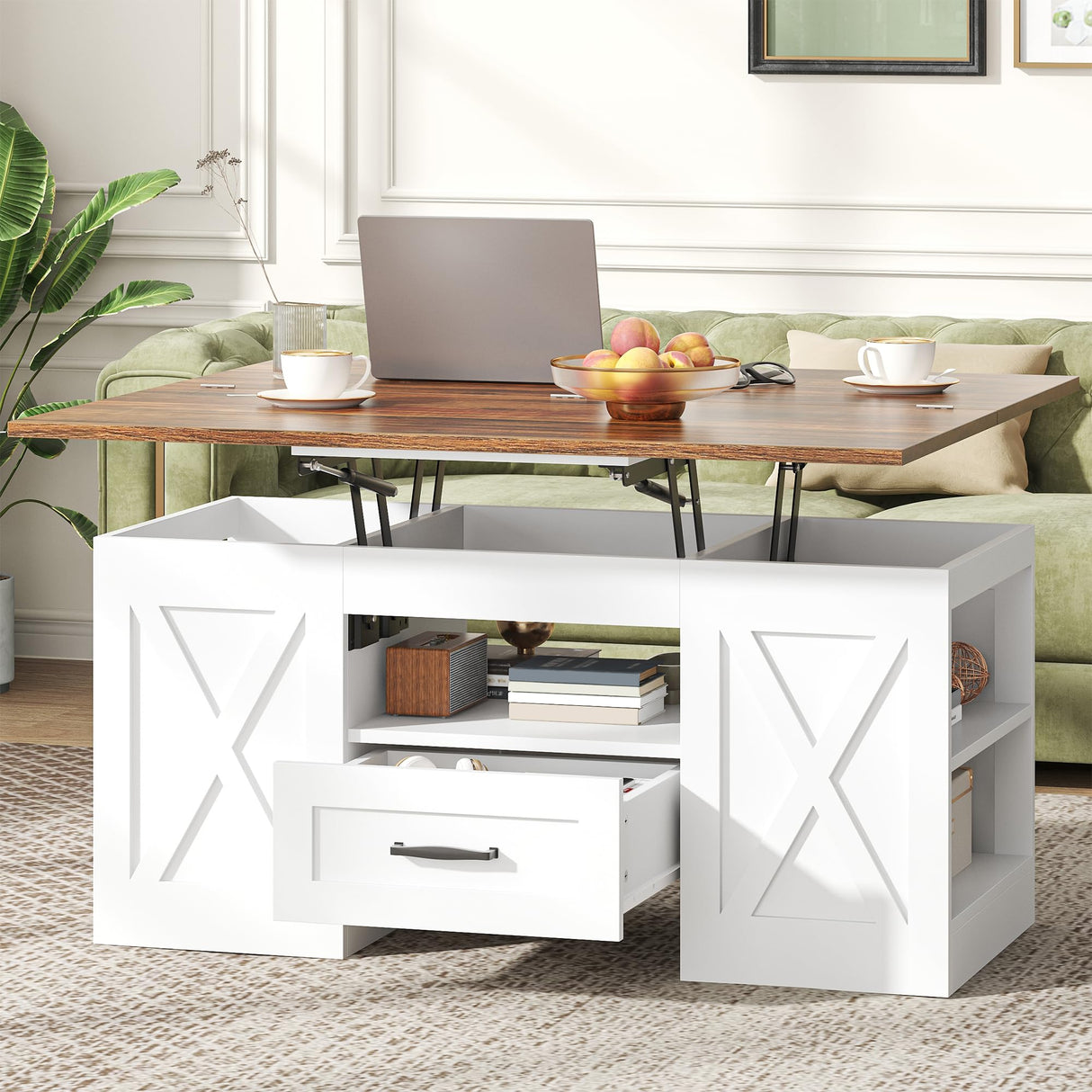kepptory 39.4'' Lift Top Coffee Table with Storage, 4 in 1 Multi-Function Convertible Coffee Tables for Living Room, Farmhouse Coffee Table with Open Storage Compartment & Drawers (Brown&White) kepptory