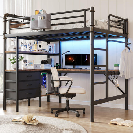 Full Size Loft Bed with L-Shaped Desk, LED Lights,Charging Station, Industrial Heavy Duty Metal Loft Bed Frame with 3 Storage Shelves and 3 Fabric Drawers, Safety Guard & Ladder, Vintage Brown Jocoevol