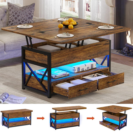 Itaar 40" Lift Top Coffee Table, 4 in 1 Coffee Tables with Storage for Living Room, Small Farmhouse Coffee Table with 2 Drawers & LED Light for Dining Reception Room, Rustic Brown Itaar