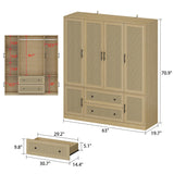 Hitow Ratten Wardrobe Armoire Closet, 6 Door Rattan Closet Wardrobe Cabinet with 2 Drawers & Hanging Rod, Storage Wardrobe Armoire Dresser for Bedroom Organizer (63" W x 19.7" D x 70.9" H) Hitow