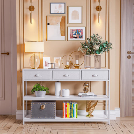 White 47" Console Sofa Table with 3 Drawers and Multi-Tier Storage Shelves for Entryway and Living Room Furologee