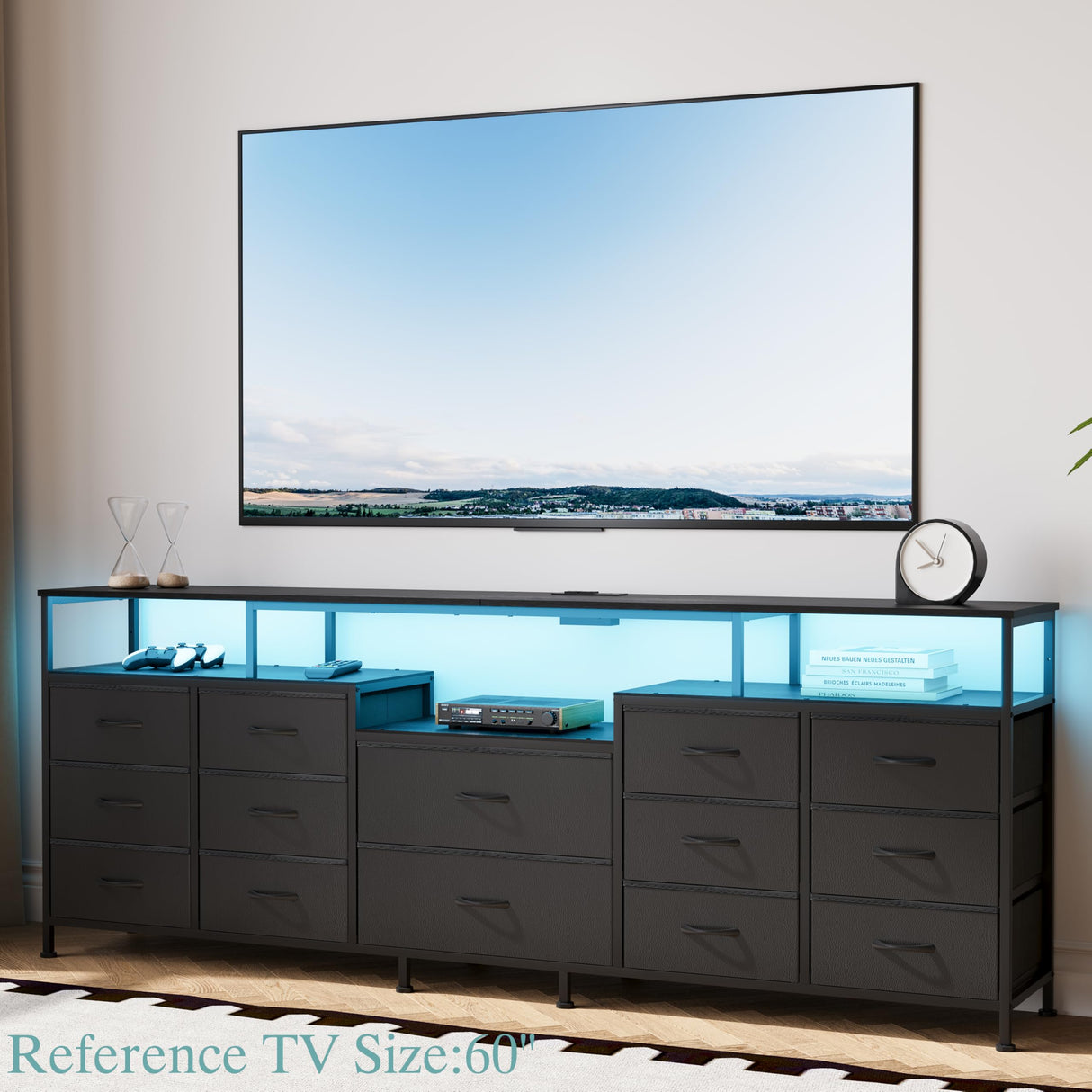 NinPeen 70.9" W Large TV Stand for 65/75/80 inchs TVs,14 Drawer Long Dresser with Charging Station and LED Lights,Entertainment Center with Storage for Living Room (Black, 70.9" W) NinPeen